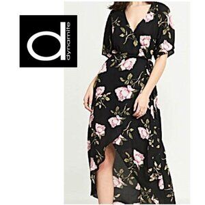 DYNAMITE - Black floral maxi wrap dress with high low hem